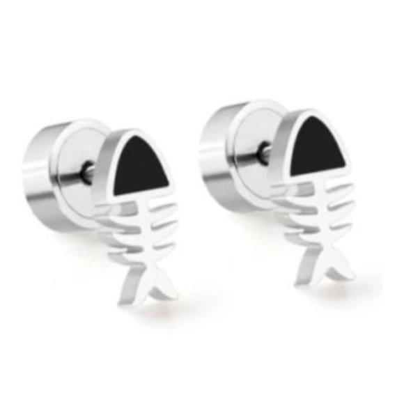 High-Quality Stainless Steel Baby Press Silver Fish Skeleton Earrings - Picture 1 of 1